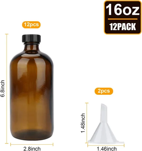 Vista 2 de Maredash Botellas de vidrio de 16 onzas, paquete de 12 botellas de almacenamiento de vidrio ámbar con tapas, botella de vidrio ámbar, botellas