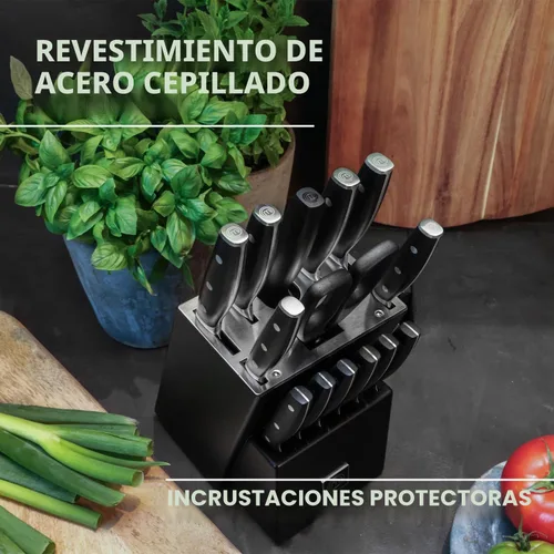 Vista 3 de Juego de cuchillos de cocina MasterChef con bloque y afilador más tijeras, juego de 15 cuchillos de chef de grado profesional con cuchillas de acero