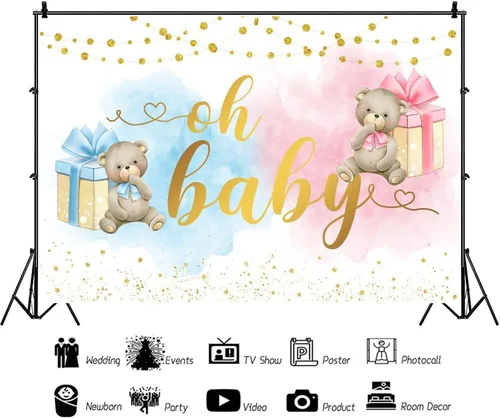 Vista 2 de Telón de fondo de baby shower Oh Boy de 7 x 5 pies para fotografía, fondo de regalo de oso azul y rosa para bebé, niña, niño, recién nacido