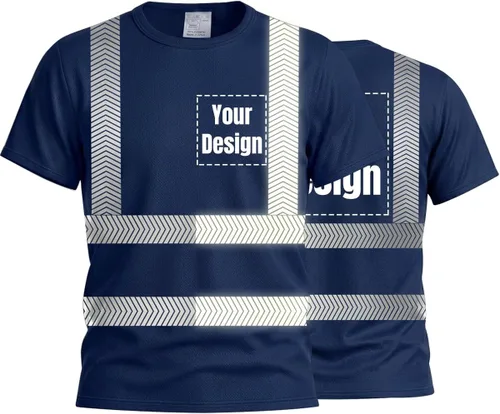 Vista 24 de Camiseta Hi Vis con tira reflectante de alta visibilidad, camisetas de seguridad personalizadas para tu logotipo, camisas de trabajo al aire libre
