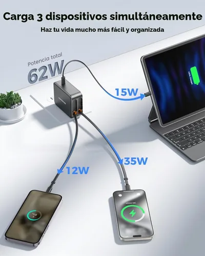 Vista 4 de SUPERONE Cargador de pared retráctil de 62 W con cables USB C dobles