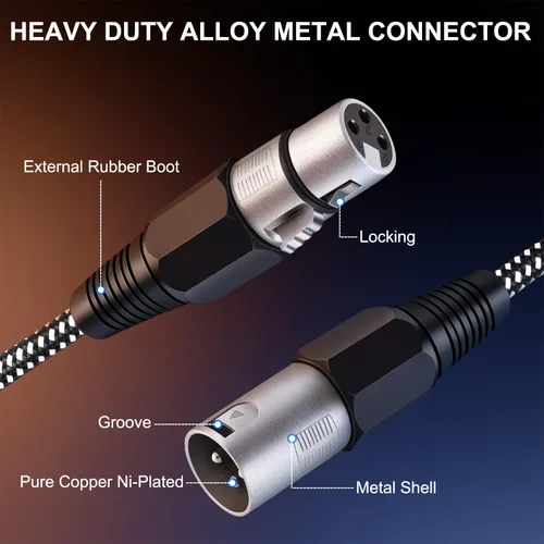 Vista 3 de Cable XLR de 3 pies/2 unidades, cable de micrófono Nylong trenzado equilibrado XLR macho a hembra, cables de conexión de micrófono de alta