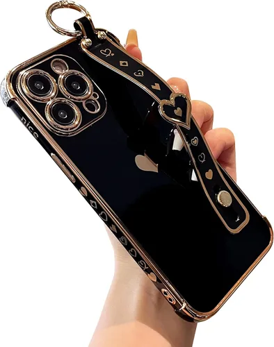 Vista 11 de DEFBSC Funda compatible con iPhone 15, con borde galvanizado, diseño de corazón con correa para la muñeca, protección completa de la cámara