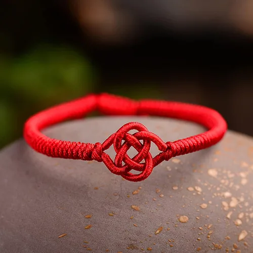 Vista 3 de Pulseras trenzadas de cuerda trenzada con nudo chino de flores de mandala para hombres y mujeres, pulseras de la suerte, Feng Shui, amistad a