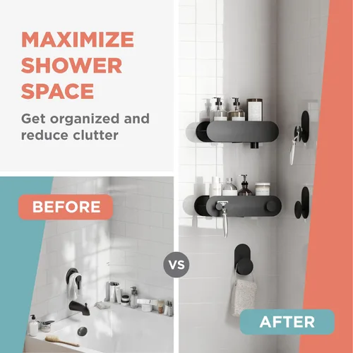 Vista 8 de Zenna Home Juego de cestas y ganchos adhesivos para ducha, 5 piezas organizadores y almacenamiento de baño, estantes y ganchos de ducha, sin