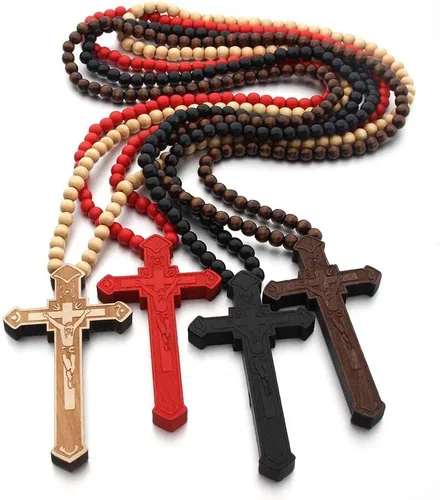 Vista 8 de COLORFUL BLING Cadenas de cuentas de madera natural, collares con colgante de cruz para hombres y mujeres, cristiano, religioso, católico, crucifijo