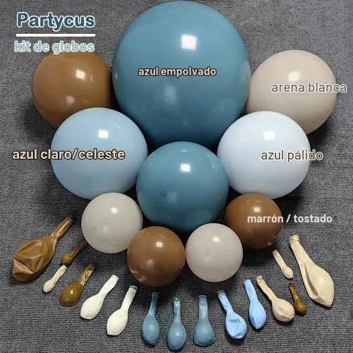 Vista 3 de Kit de arco de globos de látex de doble relleno pastel azul bebé, marrón oscuro, marrón, café, arena blanca y arena, guirnalda de globos de látex