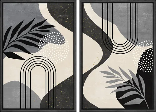 Vista 58 de SIGNFORD Lienzo enmarcado para pared, juego de arte geométrico retro de mediados de siglo, plantas forestales, ilustraciones con formas abstractas