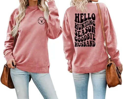 Vista 29 de DUDIHOHX Hello Hunting Season Goodbye Husband - Sudadera de manga larga con estampado de moda, casual, cuello redondo