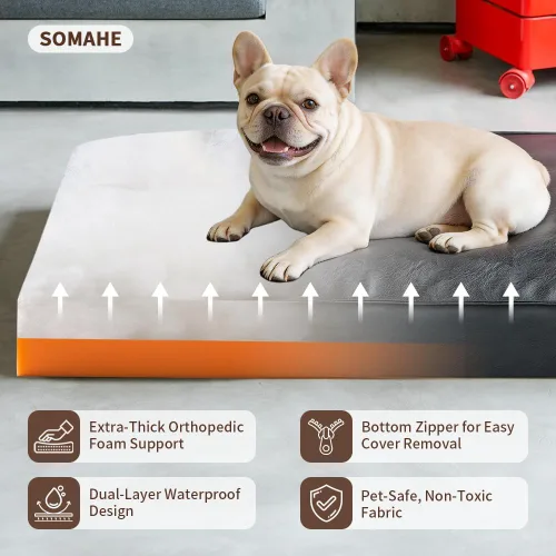 Vista 5 de SOMAHE Cama ortopédica para perro, piel sintética impermeable, funda extraíble lavable, antideslizante, resistente a las masticaciones, plumón