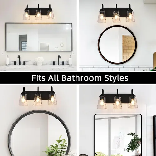 Vista 6 de Lámpara de baño de 3 luces, luces costeras con pantalla de cristal de cristal, lámpara de pared negra para espejo de cocina, pasillo, dormitorio