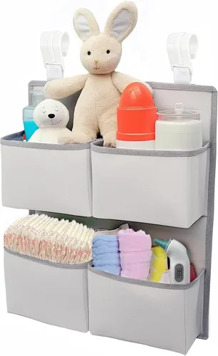 Vista 9 de Organizador de pañales colgante para cuna/corralito/moisés – Capacidad para más de 80 pañales - 4 bolsillos profundos - A19 pulg x L15 pulg Mesa