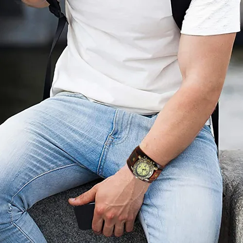 Vista 6 de Pulsera de reloj retro punk de cuero genuino para hombre, estilo hip hop, versátil