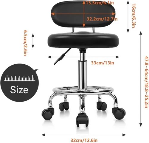 Vista 3 de KKTONER - Taburete rodante moderno de cuero sintético con respaldo bajo, altura ajustable, silla de trabajo para salón, diseño para dibujo, Negro