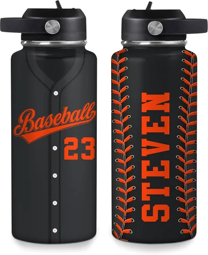 Vista 7 de Hyturtle Botella de agua de béisbol personalizada, botella de acero inoxidable aislada de viaje con tapa a prueba de fugas, 18 onzas, 32 onzas