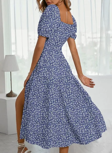 Vista 3 de BLENCOT Vestido casual de verano para mujer, cuello cuadrado, manga corta, con abertura en el muslo, estampado floral, bohemio, con lazo frontal