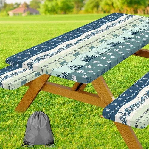 Vista 65 de Funda para Mesa de Picnic con Fundas para Bancos y Bolsa, Campista de Madera Impermeable Resistente al Viento, Cubierta de Mantel Ajustada con Borde