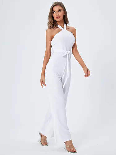Vista 3 de WDIRARA Enterizo elegante sin mangas para mujer, sin mangas, con cintura alta, cinturón y pierna ancha, con espalda descubierta, elegante