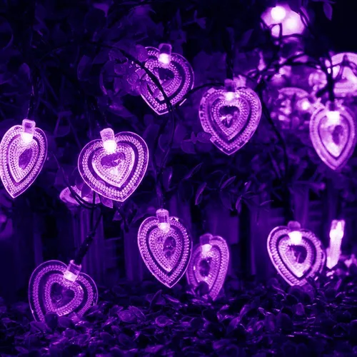 Vista 11 de Luces solares de corazón para exteriores, impermeables, de 16.4 pies, 20 luces LED, corazón de amor, día de San Valentín, 8 modos de iluminación