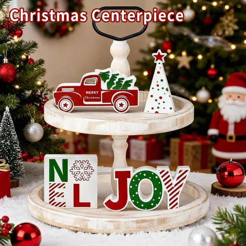 Vista 2 de 4 piezas de decoración de mesa de Navidad para interiores, camión rojo de madera, bandeja escalonada de invierno, decoración rústica de árbol