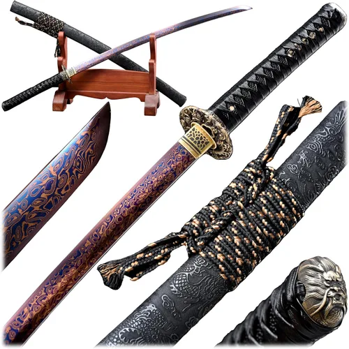 Vista 2 de Katana samurái japonesa azul horneada de acero Damasco de espiga completa, hecha a mano, decoración estampada Negro
