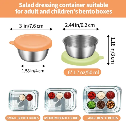 Vista 2 de Recipiente para aderezo de ensalada, 6 recipientes de condimentos de acero inoxidable de 1.7 onzas, recipientes de silicona a prueba de fugas