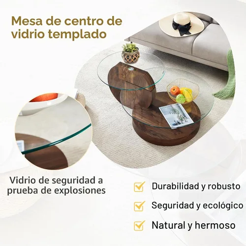 Vista 4 de Mesa de Café Redonda de Vidrio, Modernas Mesas de Café de Vidrio Templado para Sala de Estar, Mesa de Centro Circular de Nuez de 3 Niveles