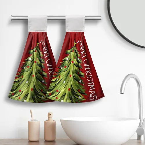 Vista 2 de Toallas de cocina colgantes con diseño de árbol de Navidad, color rojo y verde, toalla de mano de Navidad con lazo para colgar, toallas de cocina