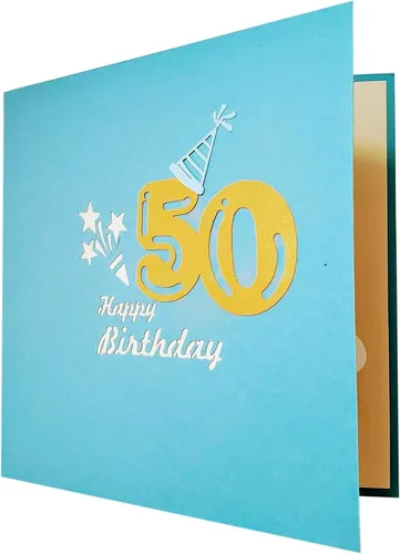 Vista 7 de iGifts And Cards Tarjeta de felicitación desplegable 3D con caja de fiesta de cumpleaños número 50 color azul – Cincuenta, impresionante, globos