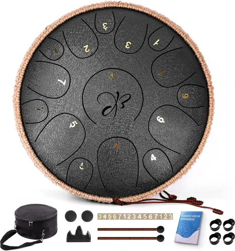 Vista 2 de Tambor de Lengua de Acero - 12 Pulgadas 15 Notas, Tambores de Lengua de Acero para Niños y Adultos, Handpan de Acero con Mazos, Hang Drum con Libro