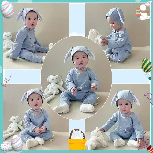 Vista 2 de AIKSIWAI Trajes de Pascua para bebés y niñas con gorro de conejo