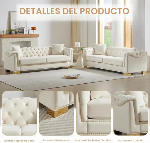 Vista 3 de Chesterfield - Juego de 2 sofás combinados de terciopelo de 3 plazas, 4 cojines clásicos de 6.5 pulgadas, brazo enrollado moderno adecuado para sala
