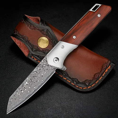 Vista 9 de KOMWERO Cuchillo de bolsillo de damasco, afilado núcleo de acero de Damasco VG10 Hoja DMJN Wood Handle, Folding Knife for Men Women, Pocket Clip