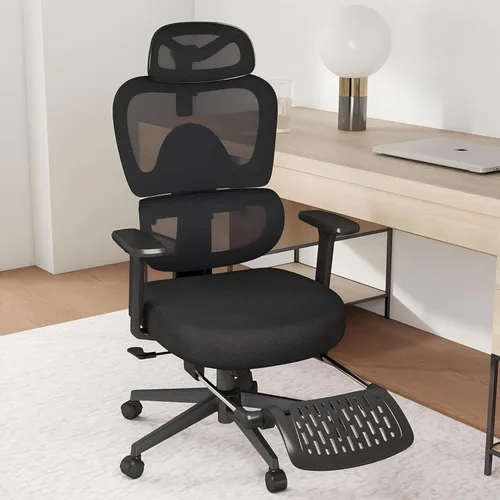 Vista 9 de Silla de oficina ergonómica con soporte lumbar ajustable, brazos y reposacabezas 3D, respaldo alto, silla de computadora de escritorio ancha
