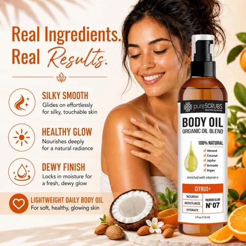 Vista 3 de pureSCRUBS Spray de aceite corporal cítrico ultra hidratante para piel seca, masaje, cutículas y más, súper mezcla orgánica de aceites de jojoba