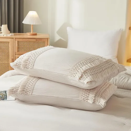 Vista 4 de Juego de 2 fundas de almohada con borlas, color gris crema, 100% microfibra lavada, funda de almohada con borlas hechas a mano beige, paquete de 2
