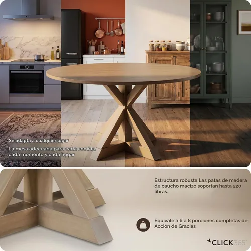 Vista 5 de Mesa de comedor redonda Serta Alfred de madera maciza rústica para decoración de cocina estilo granja, base de pedestal en forma de trébede de beige