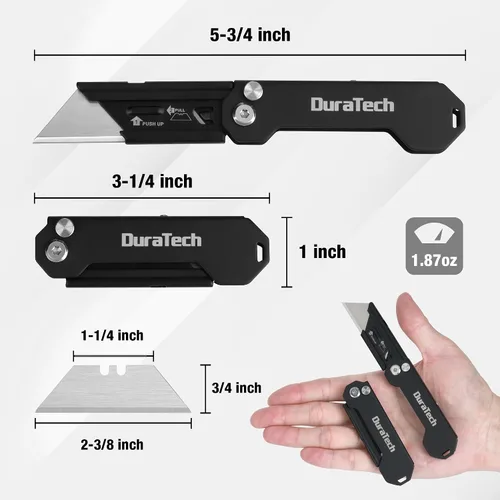 Vista 6 de DURATECH Paquete de 2 Cuchillos Utilitarios Plegables, Mini Cortador de Cajas con Bloqueo de Eje de Seguridad, Clip para Cinturón, Mecanismo