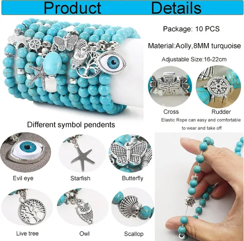 Vista 4 de CASDAN 10 pulseras de cuentas redondas de piedra turquesa de 0.315in para mujeres y hombres, pulseras de cuentas elásticas de cristal curativo