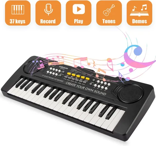 Vista 2 de Teclado de piano para niños, 37 teclas, instrumento de juguete musical para niños, teclado electrónico para niños y niñas de 3 a 7 años (negro)