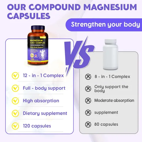 Vista 5 de Suplemento de magnesio 700 mg - Complejo 12 en 1 Glicinato Citrato Malato Taurato Óxido de magnesio y más - Alivia el estrés muscular