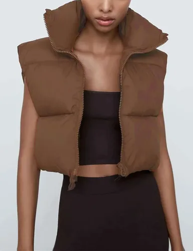 Vista 4 de Bozanly Chaleco acolchado corto para mujer, con cremallera, cuello alto, sin mangas, acolchado