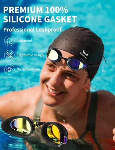Vista 4 de Swim Goggles for Men Women – No Leak Anti-Fog UV HD Wide Vision, Racing & Swimming Goggles Black-Electroplate