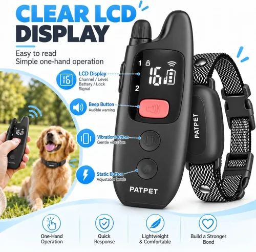 Vista 8 de PATPET Collar de entrenamiento para perros con control remoto, IPX7 impermeable, collar de choque para perros, 3 modos de entrenamiento, vibración