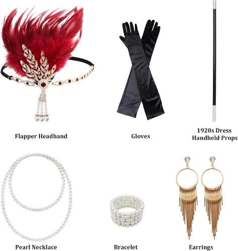 Vista 6 de Vestido flapper de los años 20, cuello en V, lentejuelas y flecos, disfraces de los años 20 para mujer, vestido vintage Art Deco con accesorios