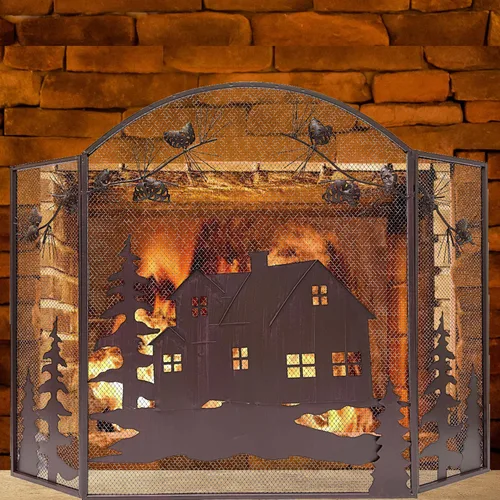 Vista 6 de BestGiftEver Pantalla decorativa para chimenea de 3 paneles con diseño de cono de pino de cabaña de casa, cubierta de chimenea, pantalla de malla