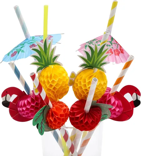 Vista 13 de 100 unidades de pajitas de árbol de coco, pajitas desechables de plástico en forma de panal, suministros para decoración de fiesta tropical hawaiana