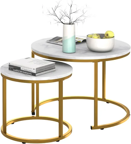 Vista 6 de Mesa de Centro Anidable, Juego de Mesa de Centro Redonda de 23.6" Set de 2, Juego de Mesas Anidables de Madera con Marco de Metal, Mesas Laterales