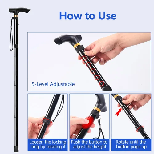 Vista 6 de Bastón plegable para hombre y mujer, portátil, ligero, altura ajustable de 5 niveles, caña plegable para personas mayores equilibrando la ayuda