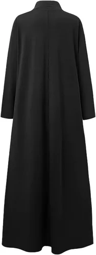 Vista 4 de Vestido largo casual para mujer, de manga larga, cuello falso, vestido de Ramadán musulmán Abaya, vestido maxi fluido, vestido de noche islámico